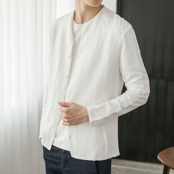 余今品牌春秋季男士无领衬衣中国风打底衫青年棉麻上衣亚麻开衫男长袖