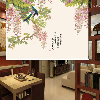 现代中式卷帘 工笔国画窗帘 花鸟挂画 房间隔断 精美玄关 贡缎_现价