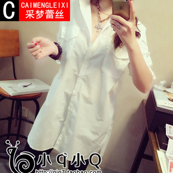 采梦蕾丝2015秋季新款宽松韩范大码中长款打底女长袖衬衣白衬衫B8735 白色 均码