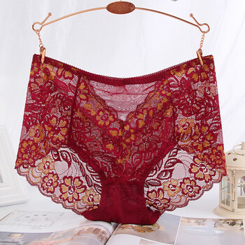 高腰内裤女性感蕾丝面料提臀收腹大码桑蚕丝底裆无痕夏薄 酒红色 l