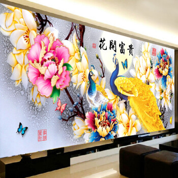 
                                        KS十字绣新款客厅花开富贵金孔雀十字绣套件 三股绣中格小板棉线印花绣布尺寸150*60CM                