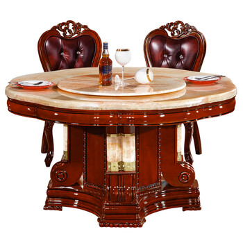 梅花形 欧式天然红龙玉大理石餐桌实木圆桌家用吃饭餐桌椅组合6椅