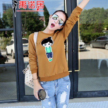 禹诺居2015秋款新品宽松大码卫衣女韩版短款休闲修身套头长袖卡通图案上衣运动外套 驼色没货勿拍 L