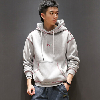 秋冬季男士日系复古个性加绒卫衣简约刺绣连帽宽松套头上衣 灰色 m