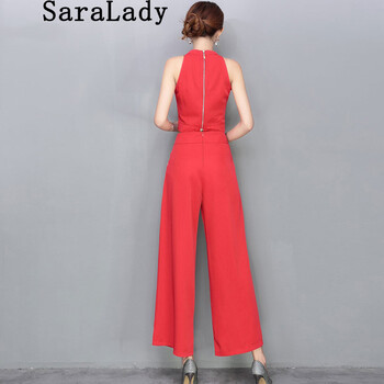 Saralady 2015名媛夏装新款性感无袖露脐雪纺T恤高腰阔腿休闲长裤套装女 黑色 M