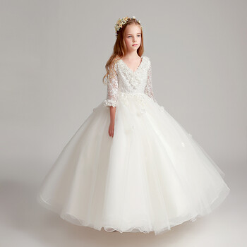 儿童礼服长袖公主裙女孩秋冬新款小花童婚纱钢琴演出服生日礼服 白色