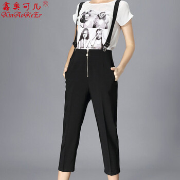鑫奥可儿  新款夏吊带复古时尚女潮流行休闲职业背带裤15B16# 黑色 M