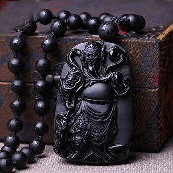 磨砂黑曜石关公吊坠男女项链挂坠关羽关二爷武财神护身符 圆关公 磨砂