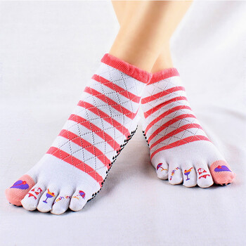 瑜伽馆指定防滑/卡通瑜伽袜子女五指袜瑜珈袜秋冬纯棉 加厚全趾粉白条
