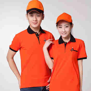 短袖工作服T恤厂服polo衫服务员工装T恤男女半袖纯色T恤衫 拼领志愿者义工T恤工作服 桔色【有口袋】 S