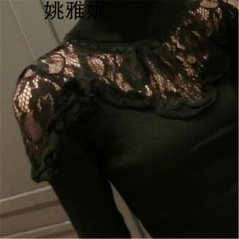 
                                        姚雅妮新款时尚韩版百搭蕾丝高领毛衣针织衫女装修身性感长袖拼接打底衫T恤 黑色 均码                