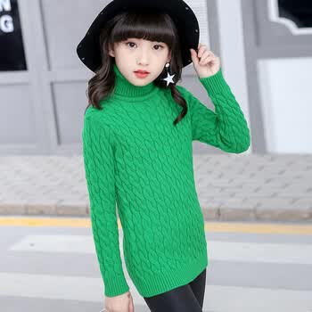 纯色高领套头毛衣秋季新款韩版女童毛衣麻花针织上衣一件 绿色 140码
