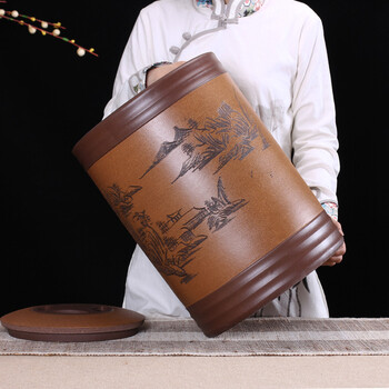 
                                        玖晟祥 宜兴紫砂茶叶罐 紫砂缸特大号茶叶桶 普洱茶缸粗陶存茶罐 深黄山水大罐                