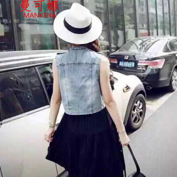 曼可娜 2015新款潮范 欧美街款牛仔马甲8993# 图片色 L