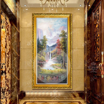 
                                        雅创油画 纯手绘欧式山水风景油画装饰画走廊过道玄关竖版聚宝盆壁画 福禄开运 雪花银框 90X180CM                