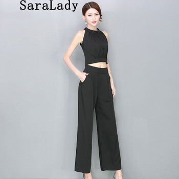 Saralady 2015名媛夏装新款性感无袖露脐雪纺T恤高腰阔腿休闲长裤套装女 黑色 M