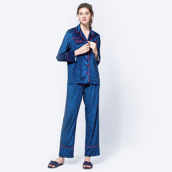 睡衣女士长袖复古气质宽松衬衫式开衫金丝绒绣花家居服套装 深蓝色 s