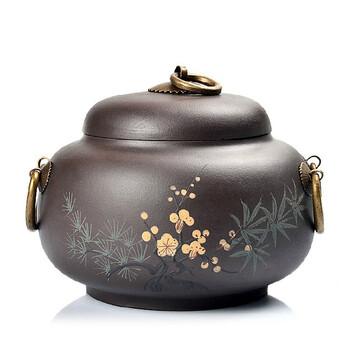尚言坊茶具 宜兴紫砂茶叶罐 线圆泥绘普洱醒茶罐 手拉铜环 200g装