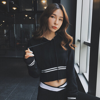 健身衣女长袖短款露脐宽松跑步速干上衣连帽瑜伽运动服 黑色 均码