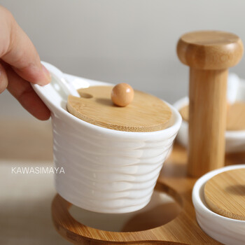 川岛屋 北村穗 竹制陶瓷日式旋转调味罐调味瓶厨房用品五件套