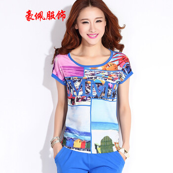 豪佩服饰 休闲套装 2015新款运动套装女雪纺圆领时尚休闲服短袖T恤七分裤潮 彩兰 S