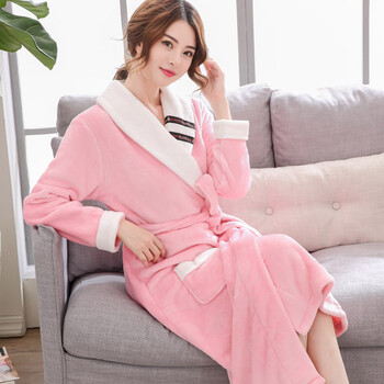 冬季法兰绒情侣睡衣珊瑚绒浴袍男士加厚加长款家居服浴衣 粉色织带女