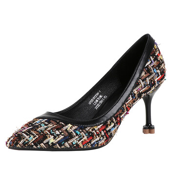 优雅显瘦ol气质名媛多材质拼接尖头梅花脚细高跟单鞋欢 黑色 35