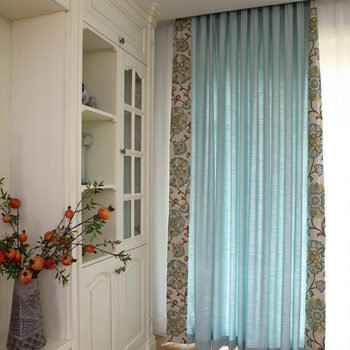 现代美式客厅卧室定制蓝色窗帘 浅蓝色两侧拼提花边窗帘 宽度一米
