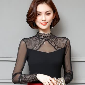 春秋新款韩版高领蕾丝打底衫百搭镂空莫代尔t恤女长袖内搭上衣潮 黑色