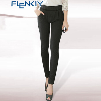 Flenkiy2015秋冬装新款休闲修身条纹女哈伦裤OL职业正装中高腰长裤 黑色 29码