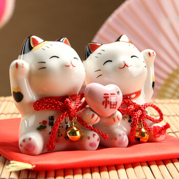 药师窑 手工彩绘满福恋招财猫摆件 陶瓷对猫 送爱人朋友闺蜜结婚生日