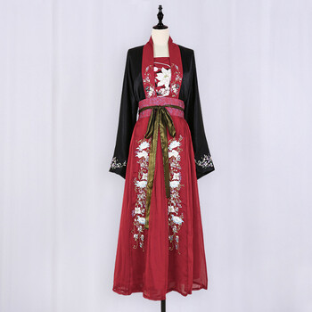 阿坡饵红黑双色花嫁-传统对襟齐腰汉服女套装 重工绣花襦裙四件套 黑