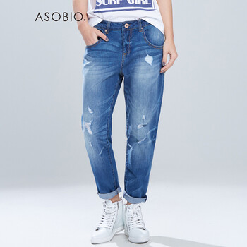 ASOBIO 2015夏季新款女装 水洗做旧破洞修身牛仔长裤 4521634076 车菊兰/628 165/70A/M