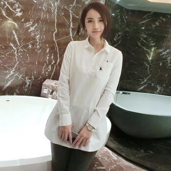 媚菲朵2015新款刺绣小人头口袋长袖衬衫 白色 L