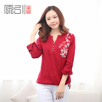 原引WEEYIIN2016新款棉麻印花长袖衬衫女v领亚麻衬衣宽松大码女装中袖上衣棉 枣红色 M