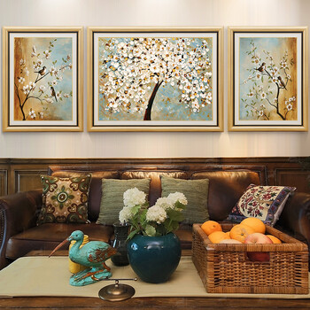 客厅装饰画沙发背景墙挂画美式孔雀壁画现代欧式墙画大气三联油画 gjn