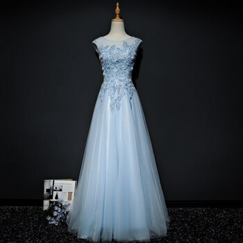 蒂卡黛晚礼服结婚礼服伴娘服长款宴会订婚连衣裙主持人礼服女 天蓝色