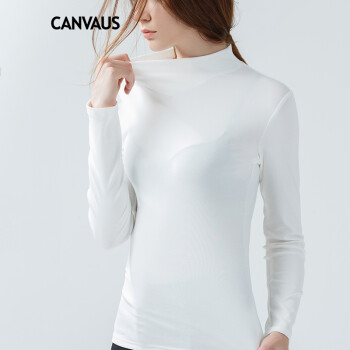
                                                            CANVAUS秋冬新款半高领修身纯色打底衫女长袖 棉t恤上衣F130A 白色 S                