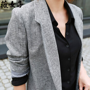 薇女子 新款女装韩版中长款修身显瘦休闲小西服薄西装女外套 C1046 灰色 XL