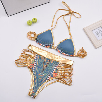 露背复古缕空高腰泳衣性感比基尼女小胸钢托聚拢分体泳装bikini 蓝色