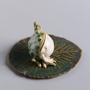 陶艺大师作品 手工 陶制 青蛙香炉 香插 摆件 茶宠 快乐蛙(绿点背)