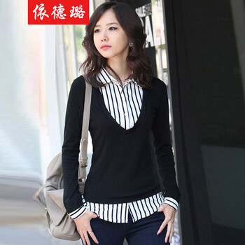 
                                        2017春装衬衫女长袖宽松大码职业女装假两件衬衫 659 黑色不加绒 XL                