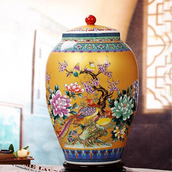 
                                        陶之念 景德镇陶瓷 米缸 米桶储物罐 酒坛缸水缸腌菜坛50斤 金色花鸟                