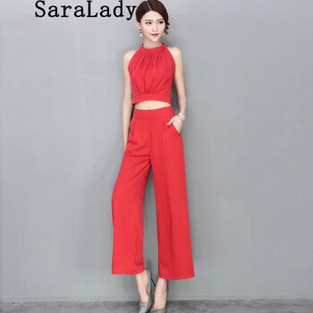 Saralady 2015名媛夏装新款性感无袖露脐雪纺T恤高腰阔腿休闲长裤套装女 黑色 M