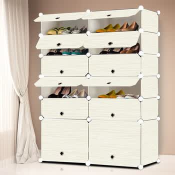 简易鞋柜简约现代组装多层门厅柜鞋子收纳塑料防尘鞋架 白木2列6层靴