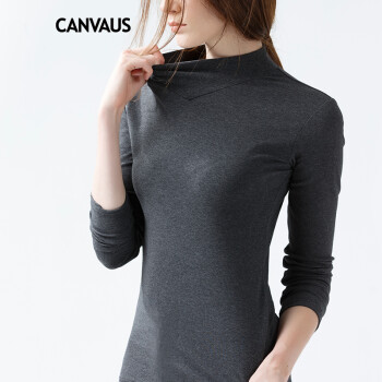 
                                                            CANVAUS秋冬新款半高领修身纯色打底衫女长袖 棉t恤上衣F130A 白色 S                