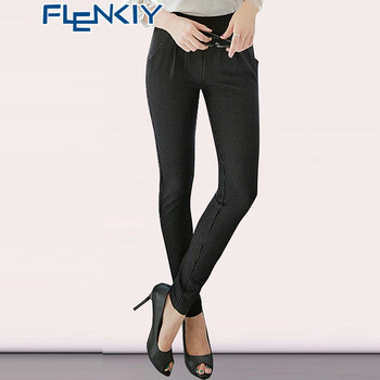 Flenkiy2015秋冬装新款休闲修身条纹女哈伦裤OL职业正装中高腰长裤 黑色 29码