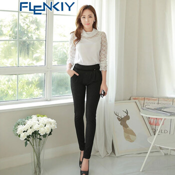 Flenkiy2015秋冬装新款休闲修身条纹女哈伦裤OL职业正装中高腰长裤 黑色 29码
