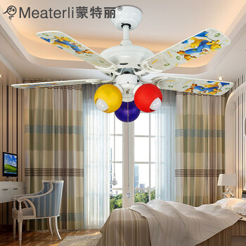 蒙特丽 电风扇灯吊灯J830 儿童餐厅灯客厅灯卧室卡通灯具(B) 小熊男生版 拉绳+壁控+遥控
