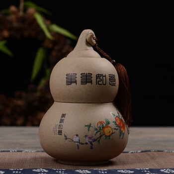 
                                        博度 哥窑葫芦双层茶叶罐 陶瓷密封罐 粗陶茶罐陶瓷 大号容量储藏罐1斤装 粗陶事事如意                